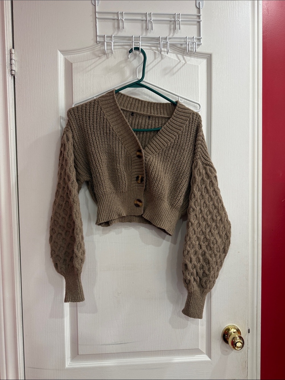 Cropped Cable-Sleeve Knit Cardigan - Taupe